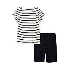 女裝柔軟絨面家居服組(短袖)(橫條紋)