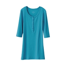 WOMEN Slub Rib Henley Neck Half Sleeve T