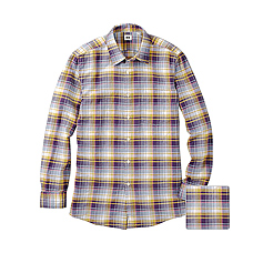MEN Cotton Linen Madras Check Long Sleeve Shirt O