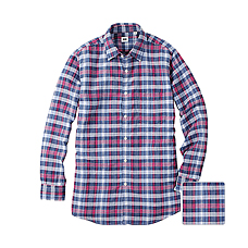 MEN Cotton Linen Madras Check Long Sleeve Shirt R