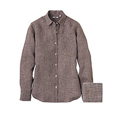 WOMEN Premium Linen Check Long Sleeve Shirt A