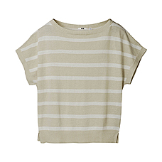 WOMEN Cotton Linen Stripe Boat Neck Short Sleeve Sweater
