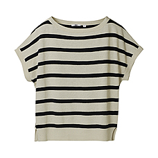 WOMEN Cotton Linen Stripe Boat Neck Short Sleeve Sweater