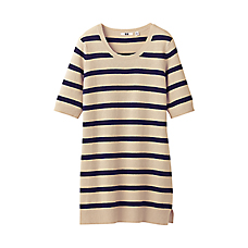 WOMEN Cotton Linen Stripe Half Sleeve Tunic