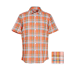 MEN Cotton Linen Madras Check Short Sleeve Shirt E