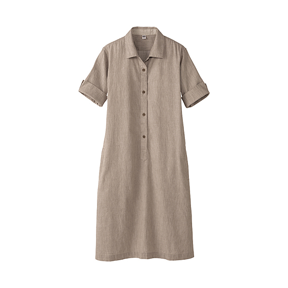 WOMEN Cotton Linen Short Sleeve Shirt Dress A