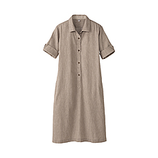 WOMEN Cotton Linen Short Sleeve Shirt Dress A