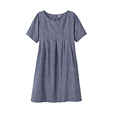 WOMEN Cotton Linen Pull Over Short Sleeve Dress