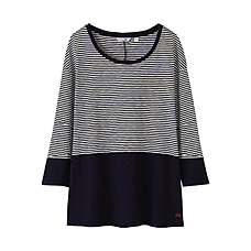 WOMEN UU Light Cotton Crew Neck Striped 3/4 Sleeve T