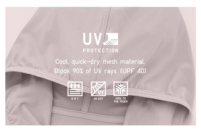 BODY - COOL, QUICK-DRY MESH MATERIAL. BLOCK 905 OF UV RAYS. (UPF 40)