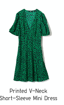 WOMEN PRINTED V-NECK SHORT-SLEEVE MINI DRESS