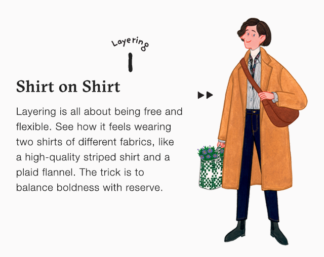 BANNER 1 - SHIRT ON SHIRT. LAYERING IS ALL ABOUT BEING FREE AND FLEXIBLE.