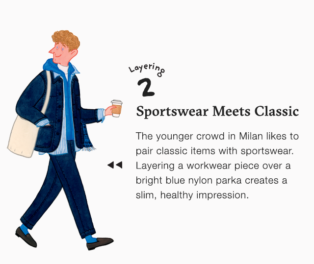 BANNER 2 - SPORTSWEAR MEETS CLASSIC. THE YOUNGER CROWS IN MILAN LIKES TO PAIR CLASSIC ITEMS WITH SPORTSWEAR.