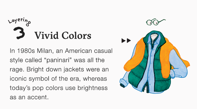 BANNER 3 - VIVID COLORS. IN 1980S MILAN, AN AMERICAN CASUAL STYLE CALLED PANINARI WAS ALL THE RAGE.
