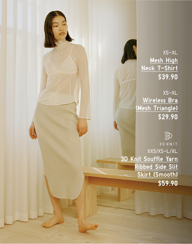PDP 5 - MESH HIGH NECK T-SHIRT, WIRELESS BRA (MESH TRIANGLE), AND 3D KNIT SOUFFLE YARN RIBBED SIDE SLIT SKIRT (SMOOTH)