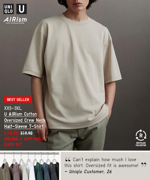 HERO - U AIRISM COTTON OVERSIZED CREW NECK HALF-SLEEVE T-SHIRT