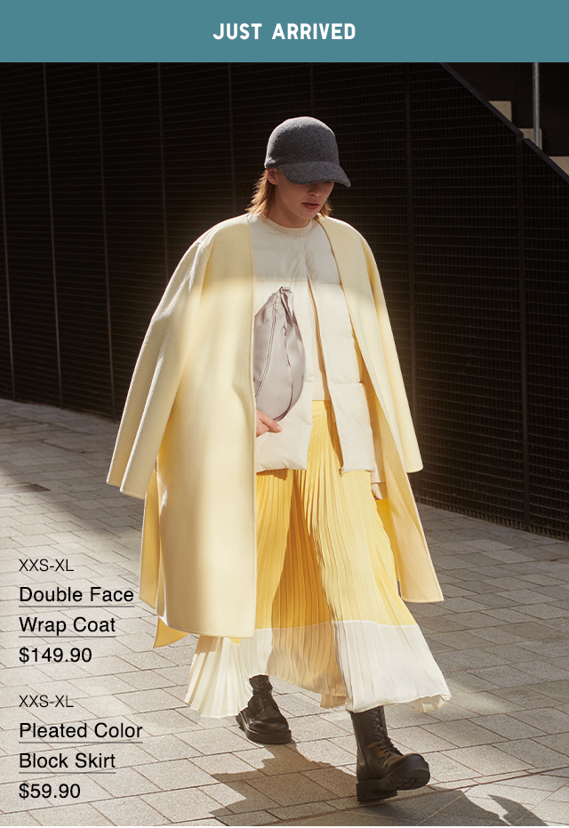 HERO - DOUBBLE FACE WRAP COAT, PLEATED COLOR BLOCK SKIRT