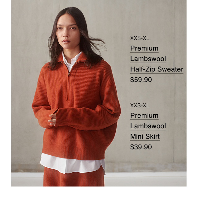 LOOK 1 - PREMIUM LABWOOL HALF ZIP SWEATER, PREMIUM LAMBSWOOL MINI SKIRT