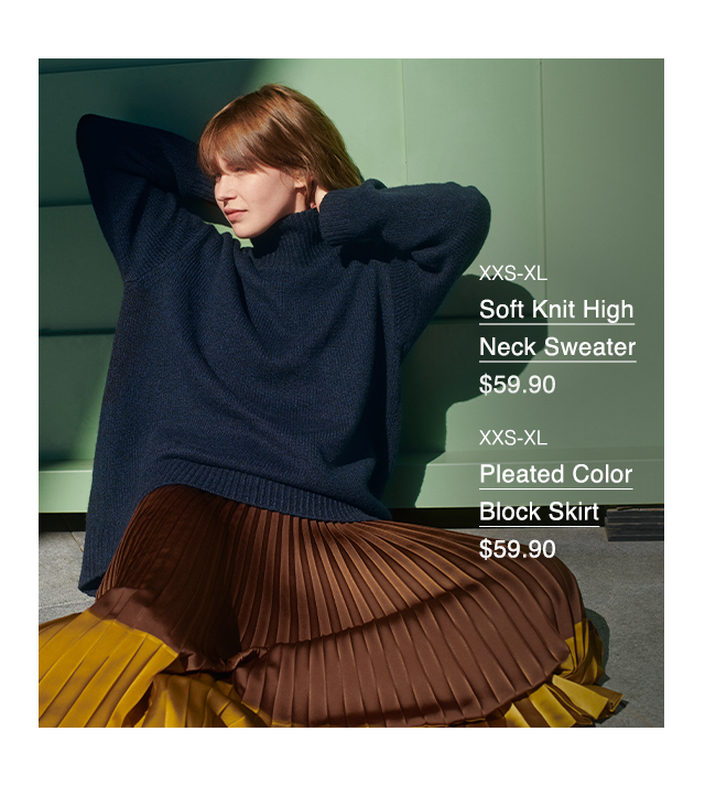 LOOK 3 - SOFT KNIT HIGH NECK SWEATER, PLEATE COLOR BLOCK SHIRT