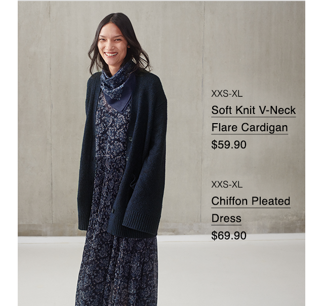 LOOK 5 - SOFT KNIT V-NECK FLARE CARDIGAN, CHIIFFON PLEATED DRESS
