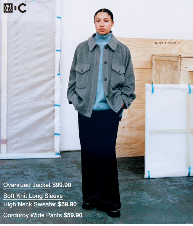 HERO - WOMEN OVERSIZED JACKET, WOMEN SOFT KNIT LONG SLEEVE, WOMEN HIGH NECK SWEATER, AND WOMEN CORDUROY WIDE PANTS