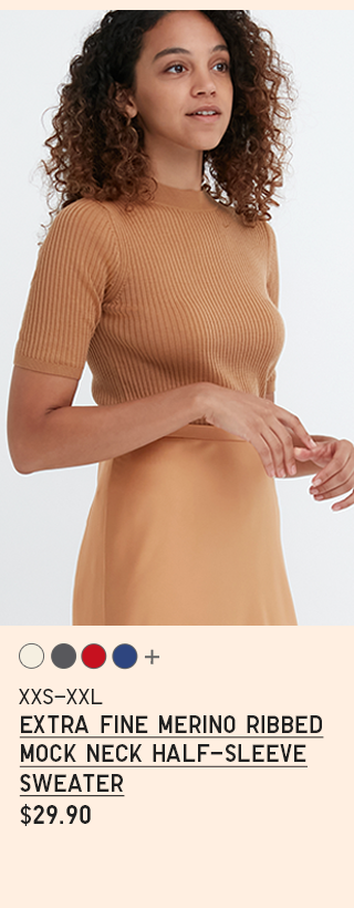 PDP 6 - WOMEN EXTRA FINE MERINO RIBBED MOCK NECK HALF-SLEEVE SWEATER