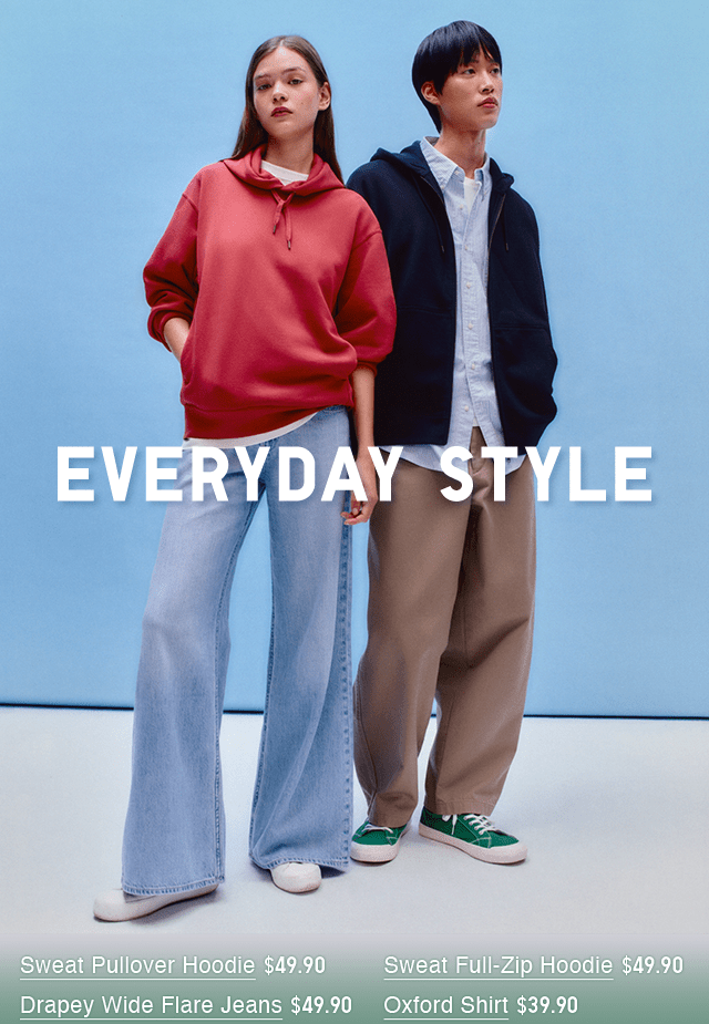 HERO - SWEAT PULLOVER HOODIE, SWEAT FULL ZIP HOODIE, OXFORD SHIRT, AND DRAPEY WIDE FLARE JEANS