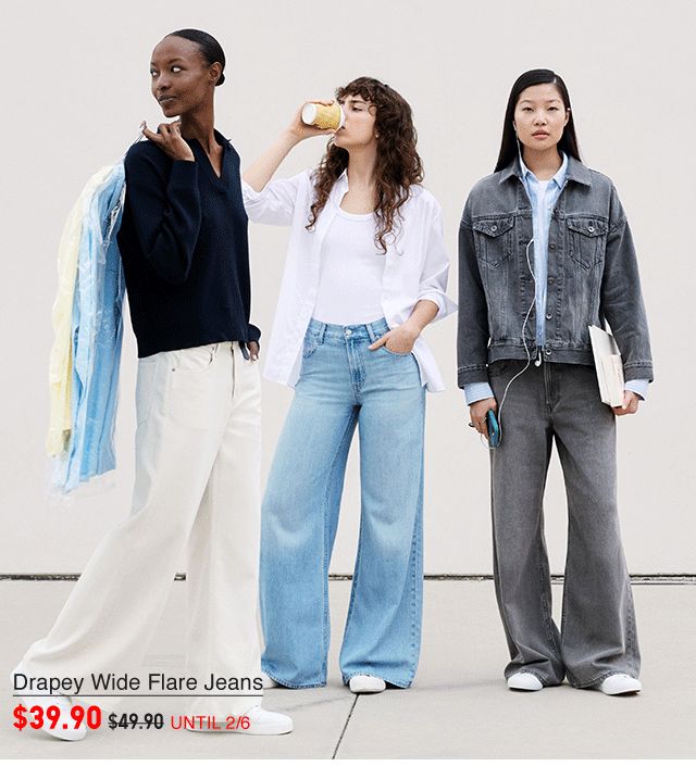 HERO - WOMEN DRAPEY WIDE FLARE JEANS AND MEN RELAXED ANKLE JEANS