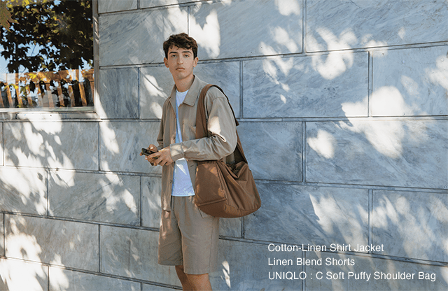 PDP2 - MEN COTTON LINEN SHIRT JACKET, LINEN BLEND SHORTS, AND UNIQLO : C SOFT PUFFY SHOULDER BAG