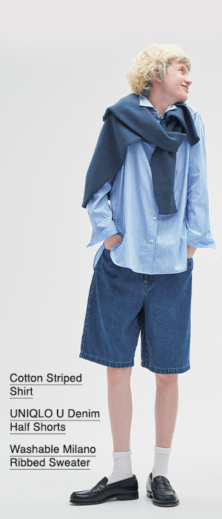 PDP1 - WOMEN OTTON STRIPED SHIRT, UNIQLO U DENIM HALF SHORTS, AND WASHABLE MILANO SWEATER