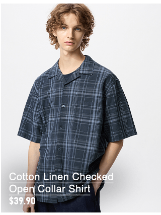 PDP10 - MEN COTTON LINEN CHECKED OPEN COLLAR SHIRT
