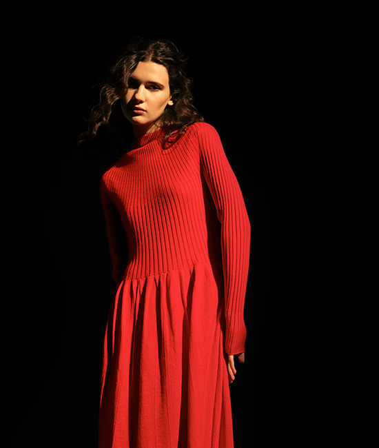 3D merino ribbed mock neck dress