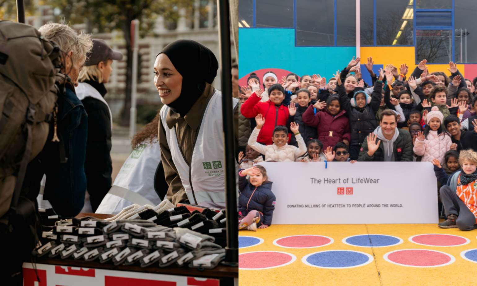 UNIQLO-vrijwilligers met de Regenboog Groep, Amsterdam, november 2025 & Global Brand Ambassador Roger Federer keerde terug naar La Courneuve en voorzag de gemeenschap van HEATTECH, februari 2025