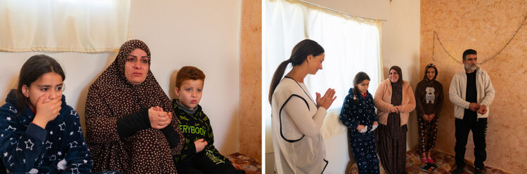 Many refugees also joined in wearing heart-shaped stickers, smiling and saying “Jameel!” (“Nice!”).