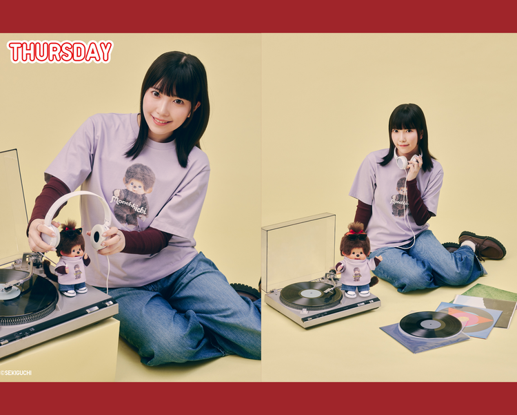Thursdays styling. Left: Close-up putting headphones on Monchhichi. Right: Full-body shot sitting surrounded by vinyl records. A street-style look with a layered light purple UT and denim.