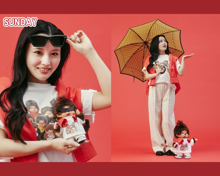 Sundays styling. Left: Cool close-up wearing sunglasses next to Monchhichi. Right: Full-body shot looking up at the rainy sky with a polka-dot umbrella. A vibrant rainy-day style with a white UT and a red cardigan draped over her shoulders.