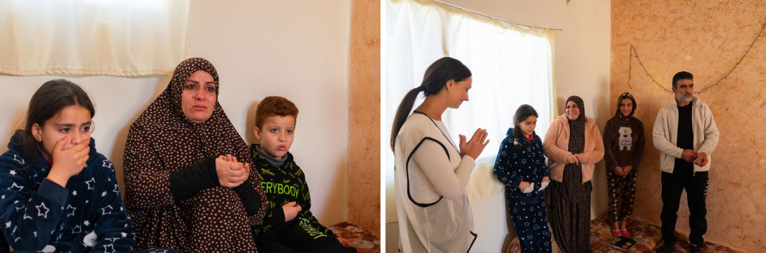 Many refugees also joined in wearing heart-shaped stickers, smiling and saying “Jameel!” (“Nice!”).