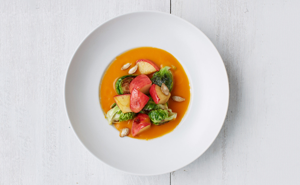 Miso Squash Soup with Brussels Sprouts and Apples