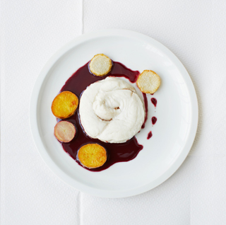 Steamed Halibut with Potatoes, Turnips and Red Wine Sauce