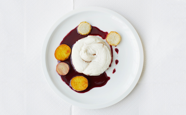 Steamed Halibut with Potatoes, Turnips and Red Wine Sauce