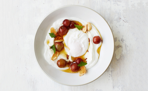 Greek Yogurt with Poached Eggs and Saffron Honey