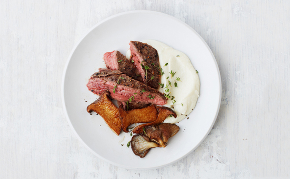 Flank Steak with Celery Root Puree and Mushrooms