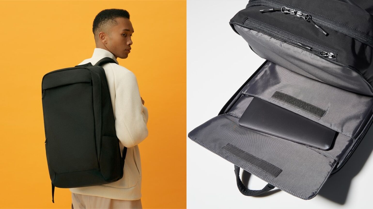 Image of a man carrying a Functional Backpack and an image of the Functional Backpack itself
