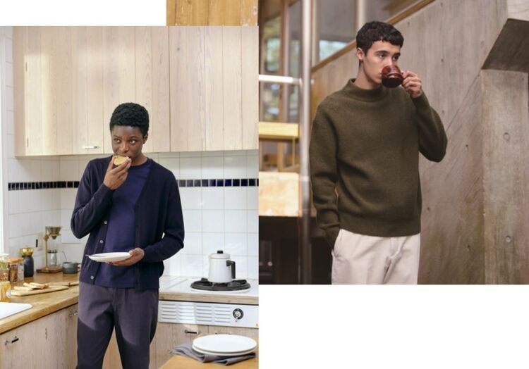 Men wearing a merinos jumper and souffle yarn jumper