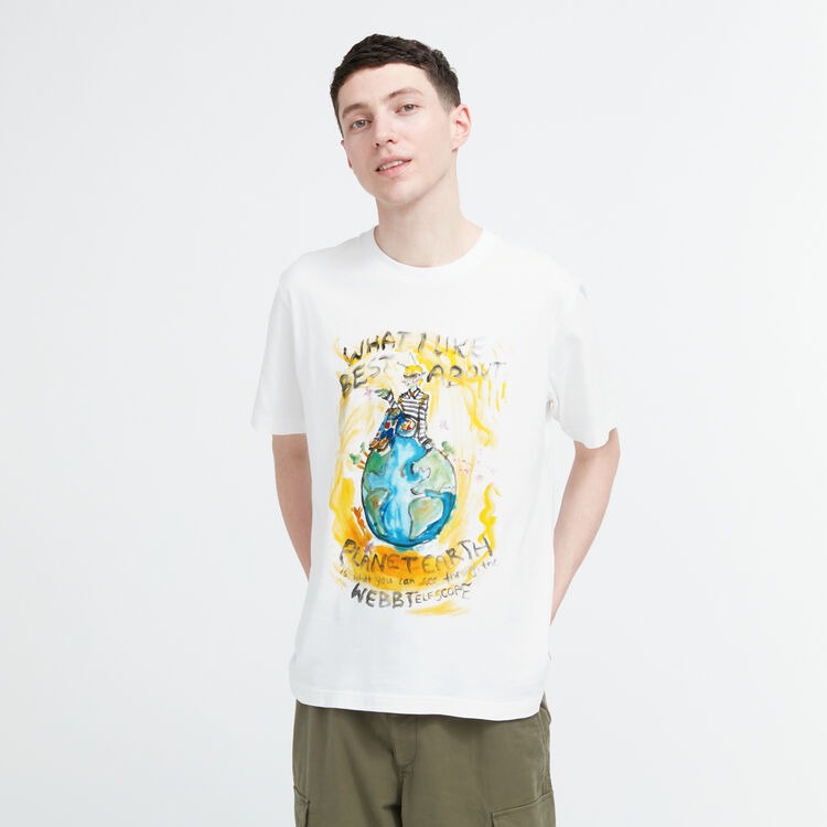 model wearing muticoloured graphic T-shirt