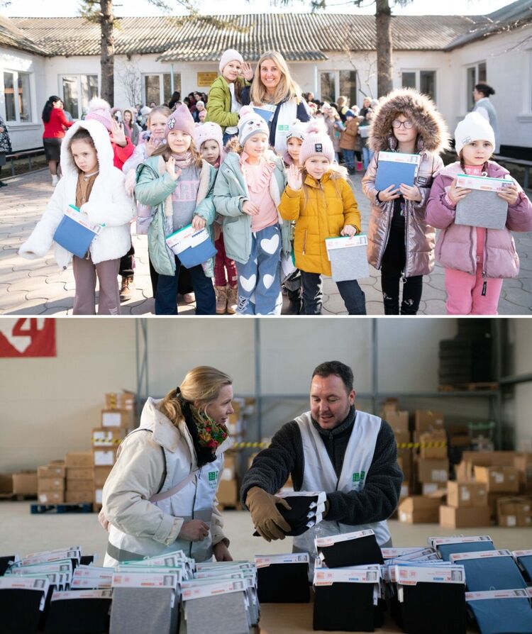 children holding their new HEATTECH clothing and UNIQLO volunteers setting up the donation station