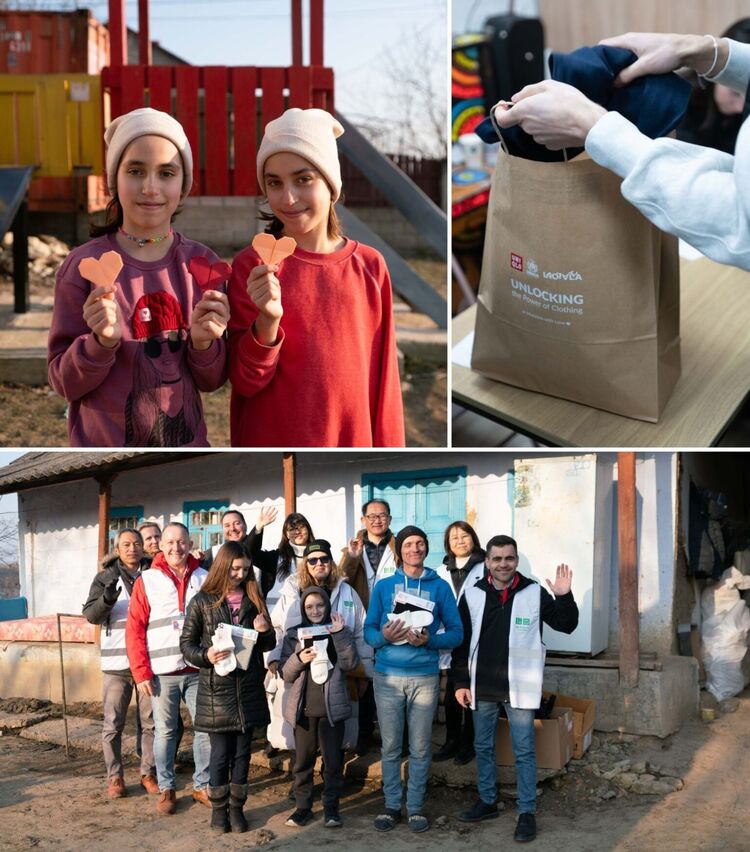 children showing origami paper hearts they have made, clothing being placed into a UNIQLO paper bag, donation recipients and UNIQLO volunteers pose with HEATTECH clothing