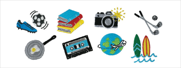 football, golf, photography, cookery, travel, music, surfboard and book embroidery designs by Cressida Jamieson