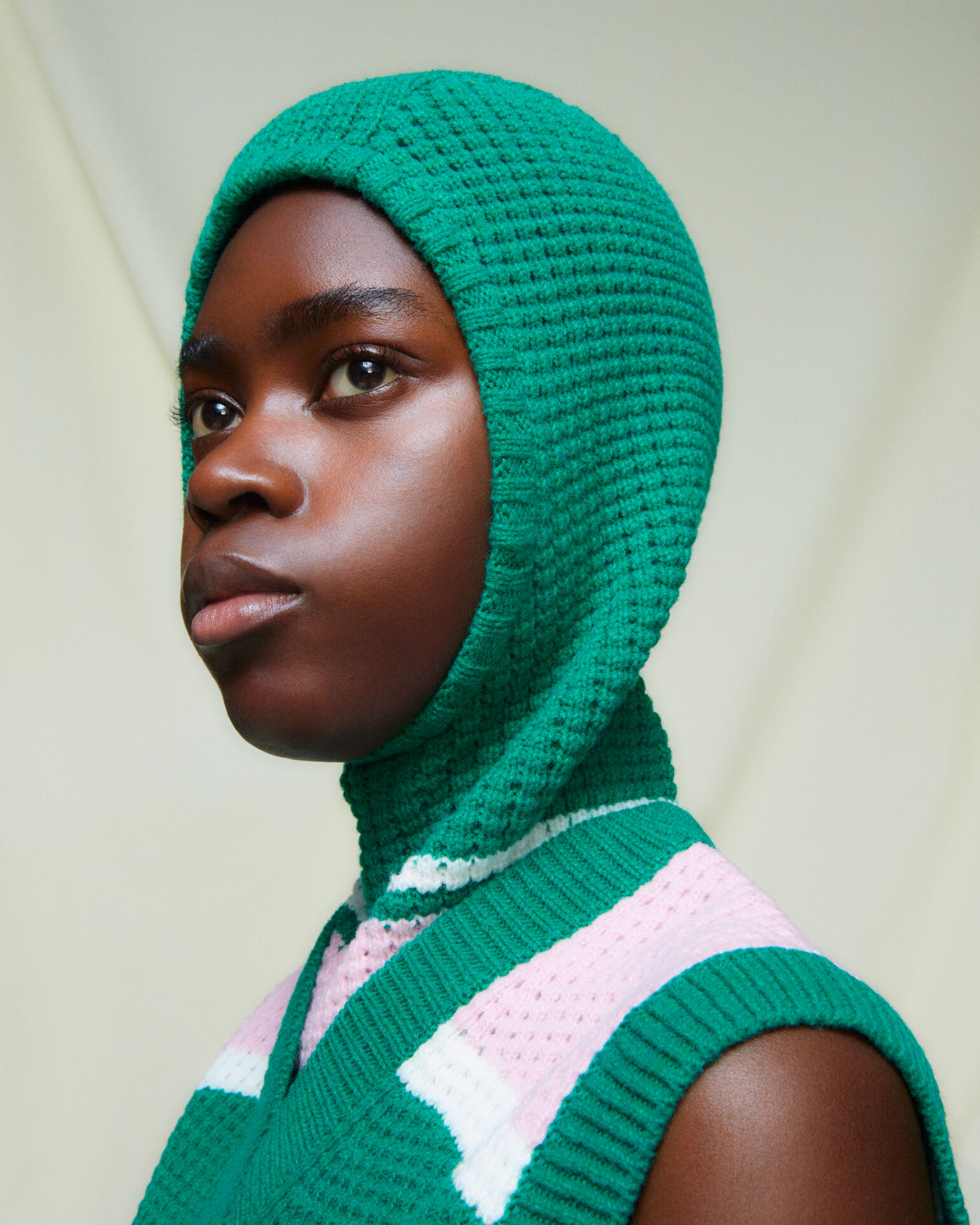 model wearing UNIQLO and MARNI popcorn balaclava