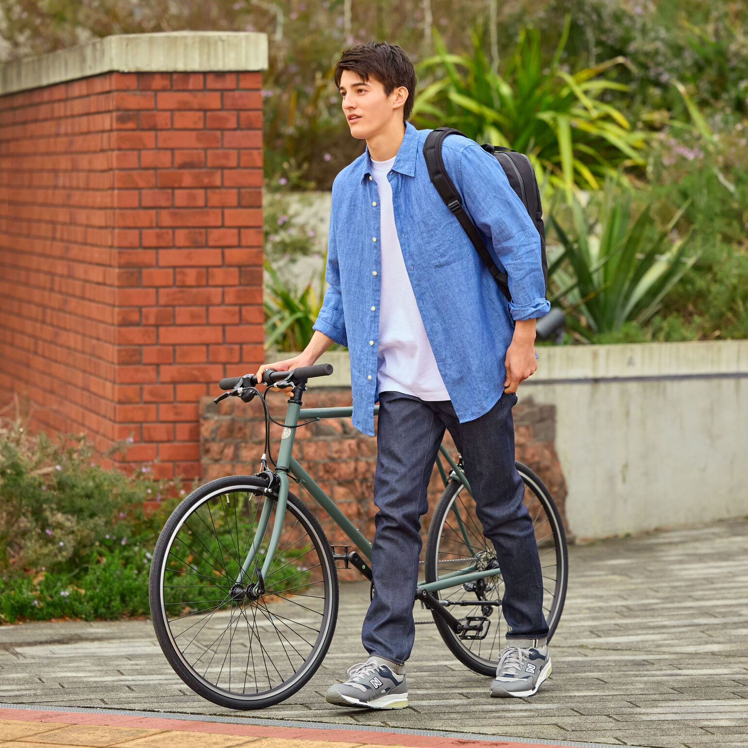 model wearing selvedge jeans